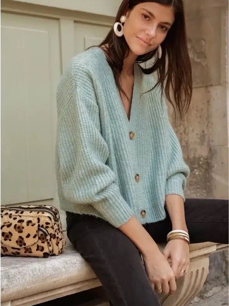 Zara Light Mint Sage Green Chunky Cozy Oversized V Neck Button Pockets Cardigan